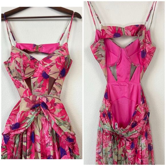 Fashion Nova Size M Floral Cut Out Maxi Dress Pink Green NWT - Picture 9 of 10